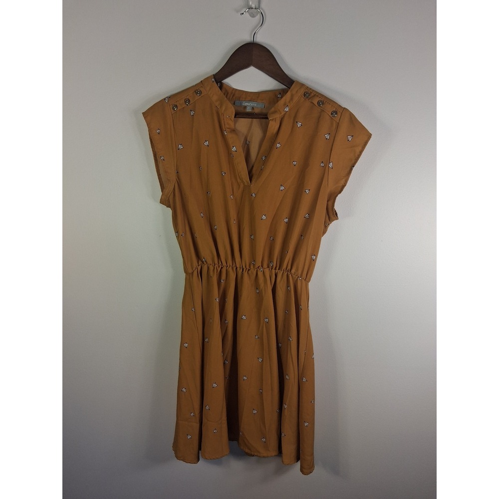 Whimsical Sweet Rain Paper Airplane Print Dress Womens Large Mustard Yellow Mini